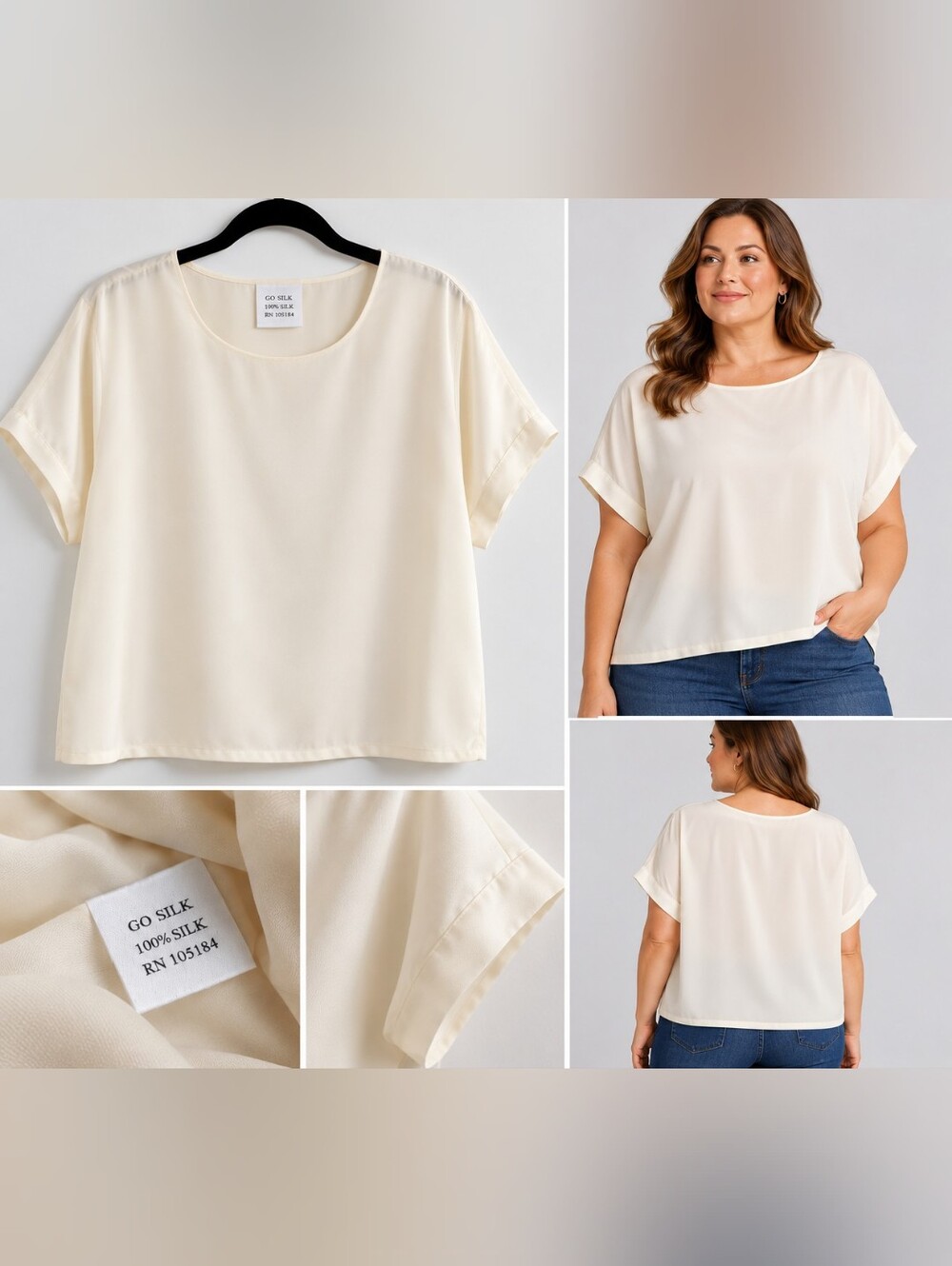 Go Silk 1X 100% Silk Ivory Boxy Pullover Blouse Short Sleeve Sz 1x New With Tags